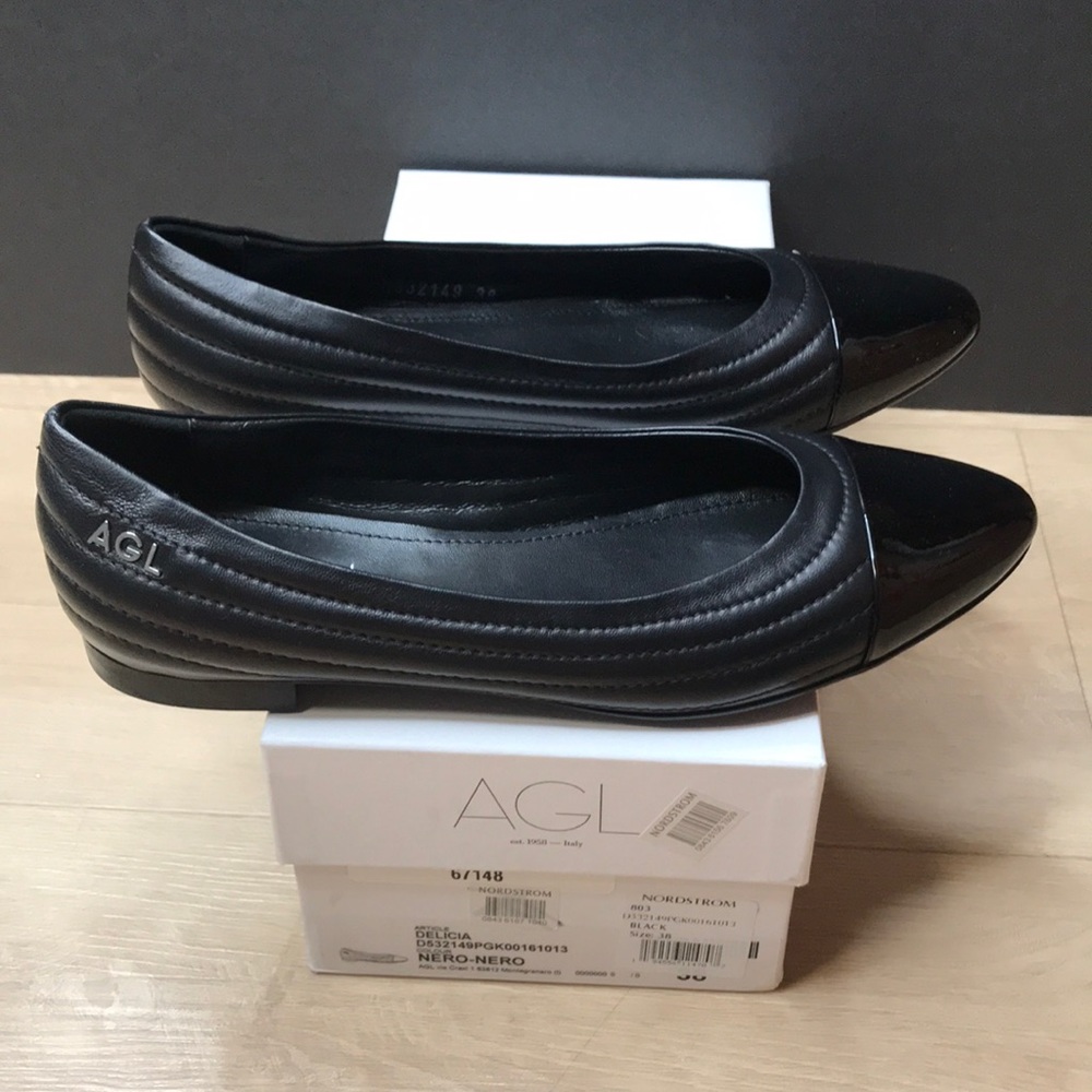 Agl Black Quilted Leather Pointed Toe Flats